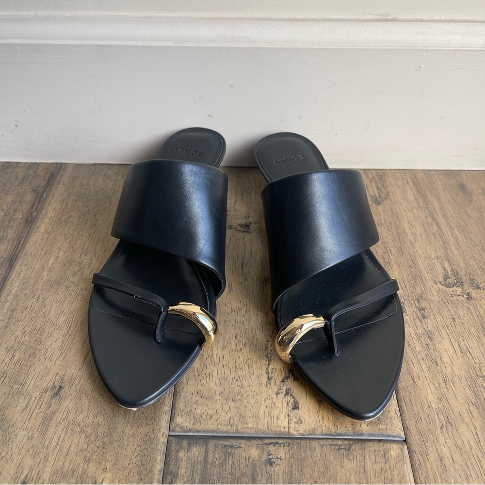 Vince Suzie Almond Toe Kitten Heel Sandals Mule Black Leather 38.5 - Picture 5 of 11